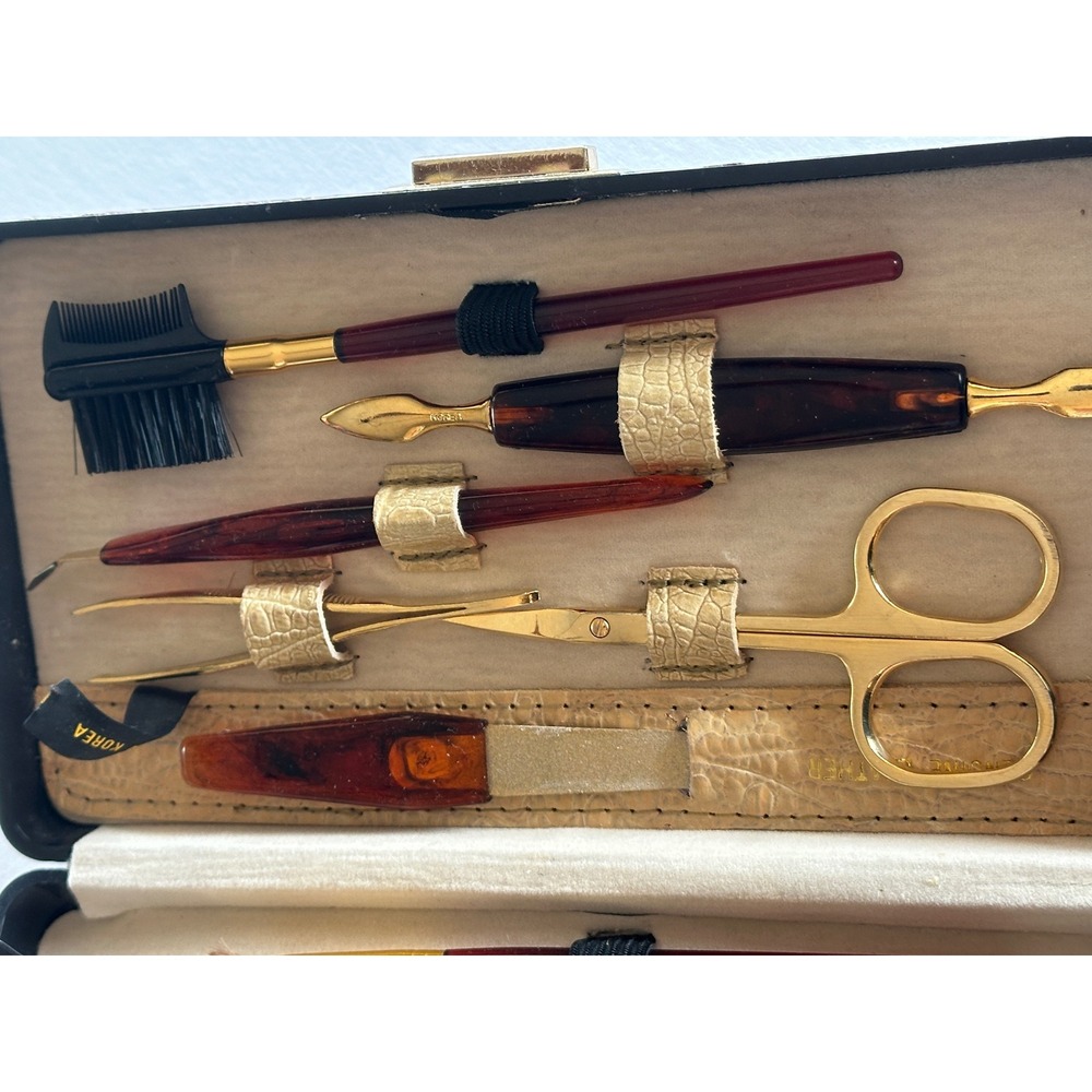 Vintage Travel Manicure Pedicure Makeup Brush Set Brown Faux Croc Case 10 pc - Picture 7 of 16